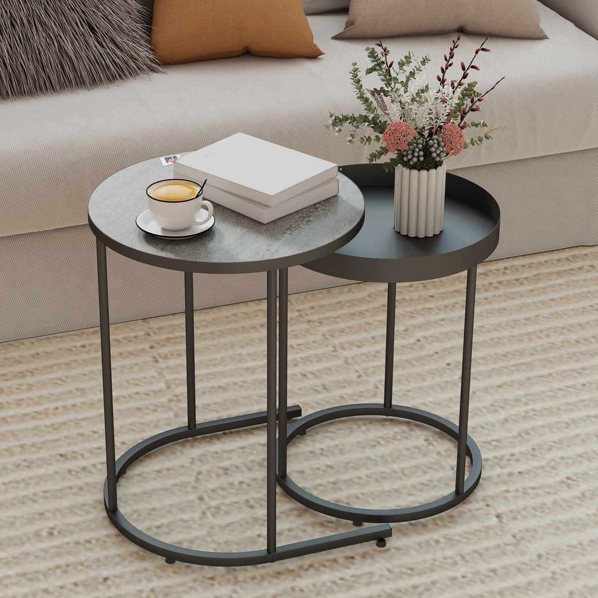 Wooden Industrial Nest of 2 Tables Round - Velmora
