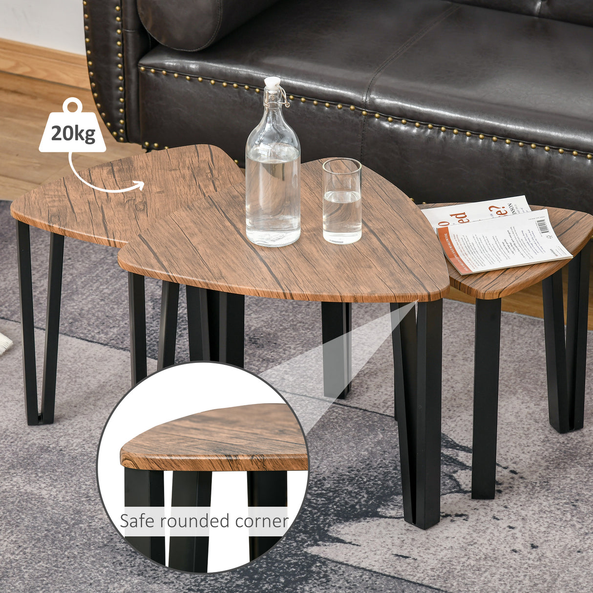 Wooden Industrial Nest of 3 Tables in Triangle With Metal Legs - Velmora
