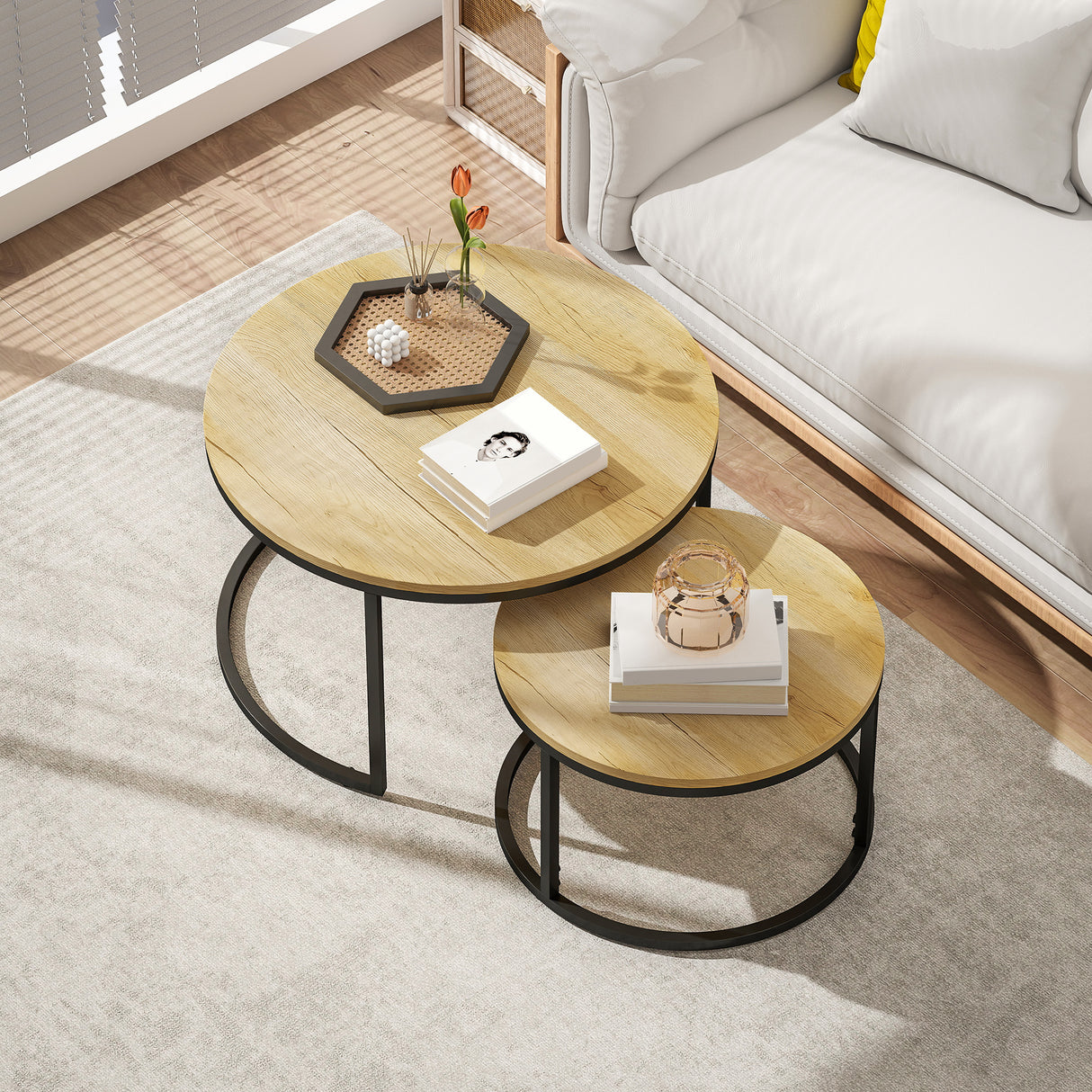 Wooden Industrial Nesting Coffee Tables Round in Set of 2 - Velmora