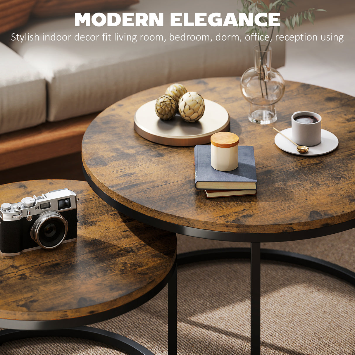 Wooden Industrial Nesting Coffee Tables Round in Set of 2 - Velmora