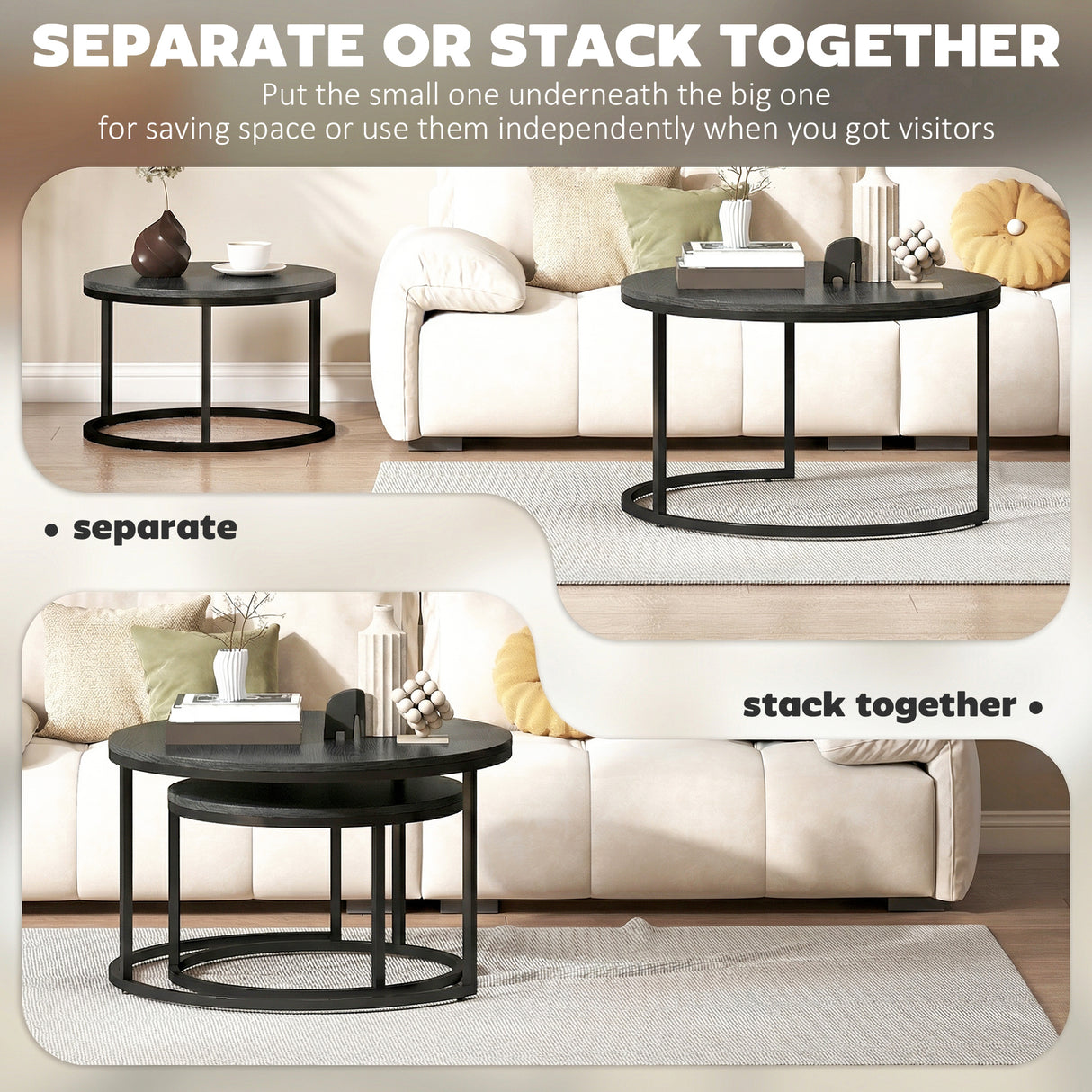 Wooden Industrial Nesting Coffee Tables Round in Set of 2 - Velmora