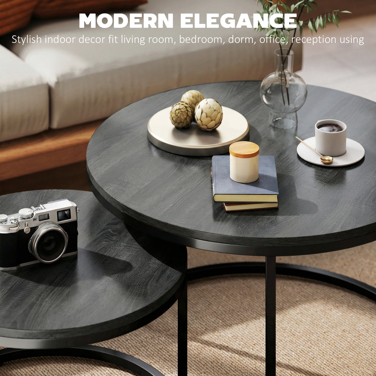 Wooden Industrial Nesting Coffee Tables Round in Set of 2 - Velmora