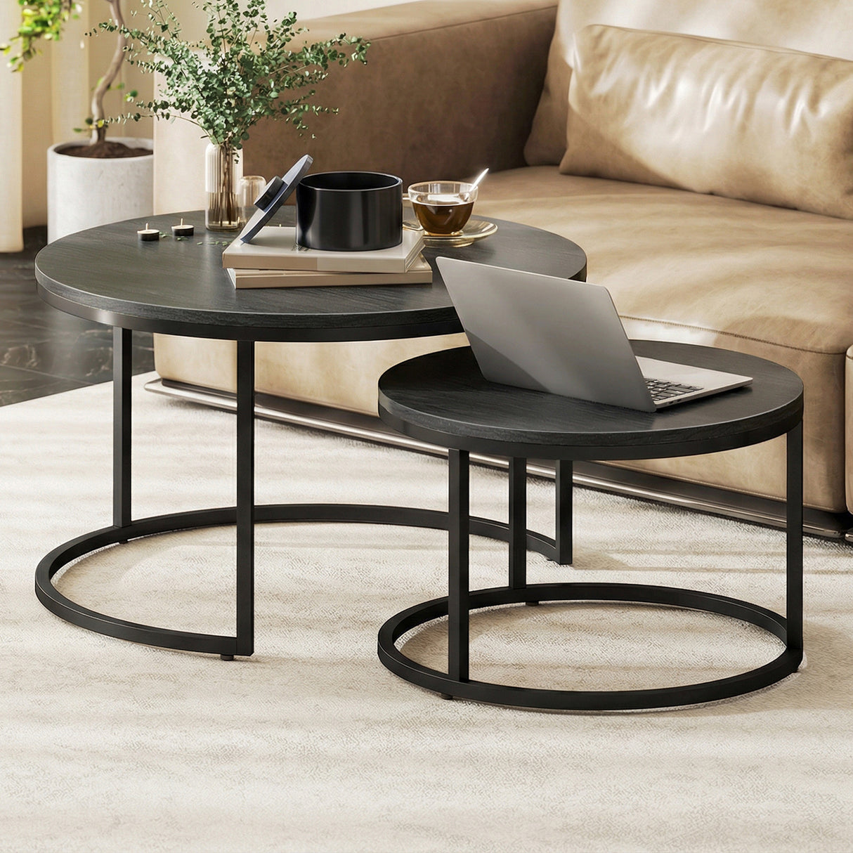 Wooden Industrial Nesting Coffee Tables Round in Set of 2 - Velmora