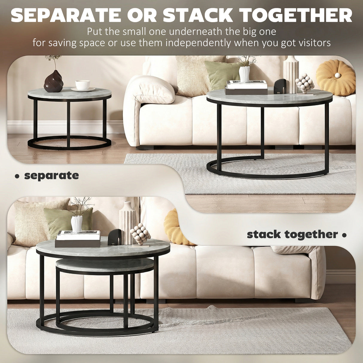 Wooden Industrial Nesting Coffee Tables Round in Set of 2 - Velmora