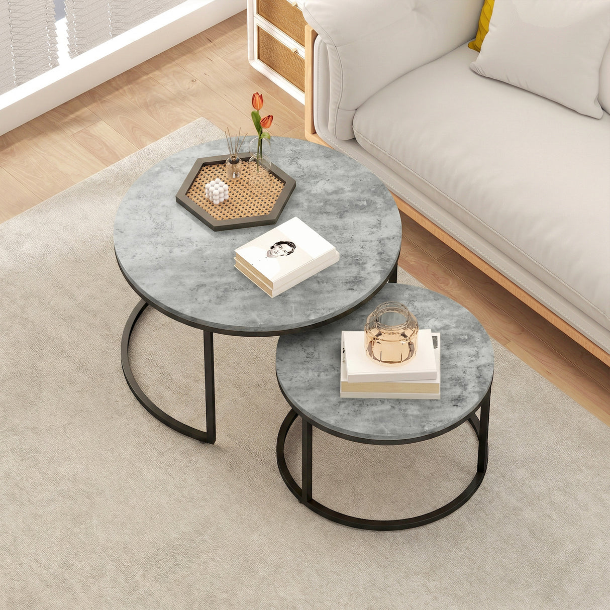 Wooden Industrial Nesting Coffee Tables Round in Set of 2 - Velmora