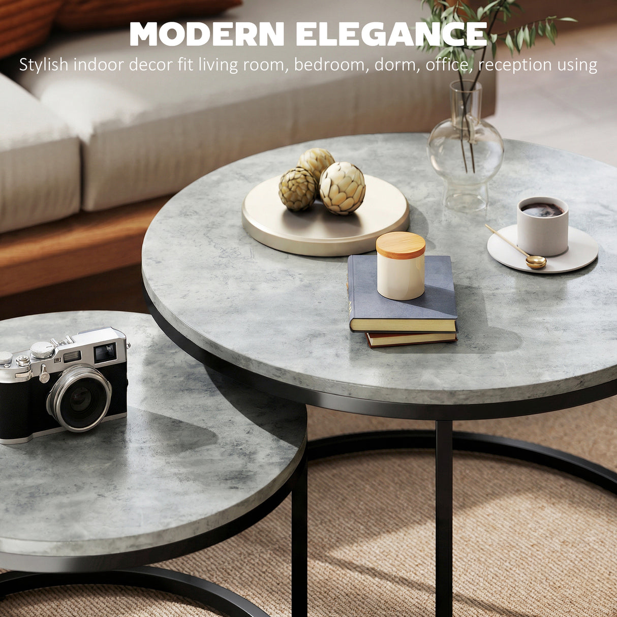 Wooden Industrial Nesting Coffee Tables Round in Set of 2 - Velmora