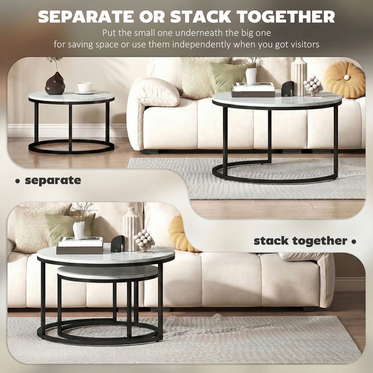 Wooden Industrial Nesting Coffee Tables Round in Set of 2 - Velmora