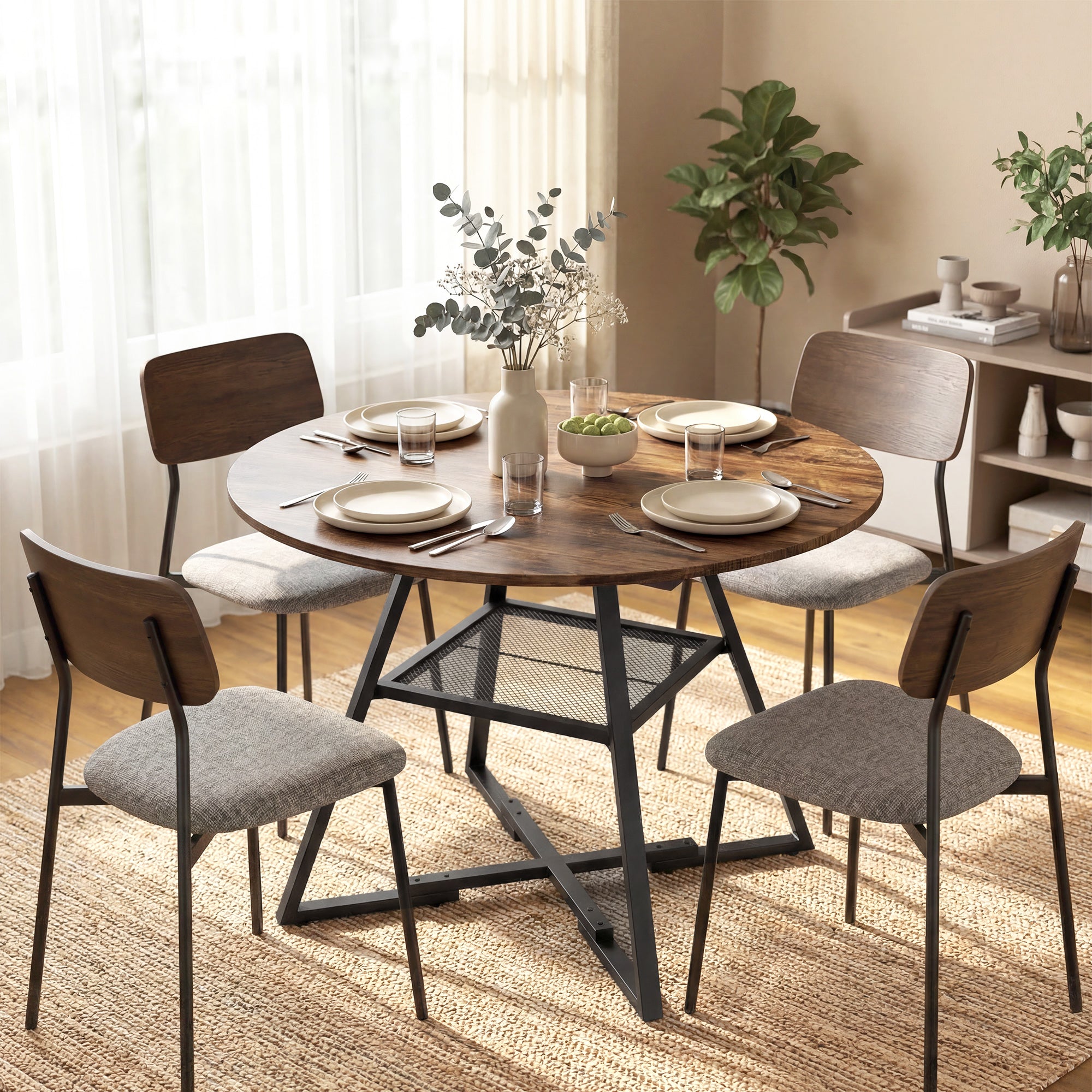 Wooden Industrial Style Kitchen Dining Table 100cm Round for 4 People - Velmora