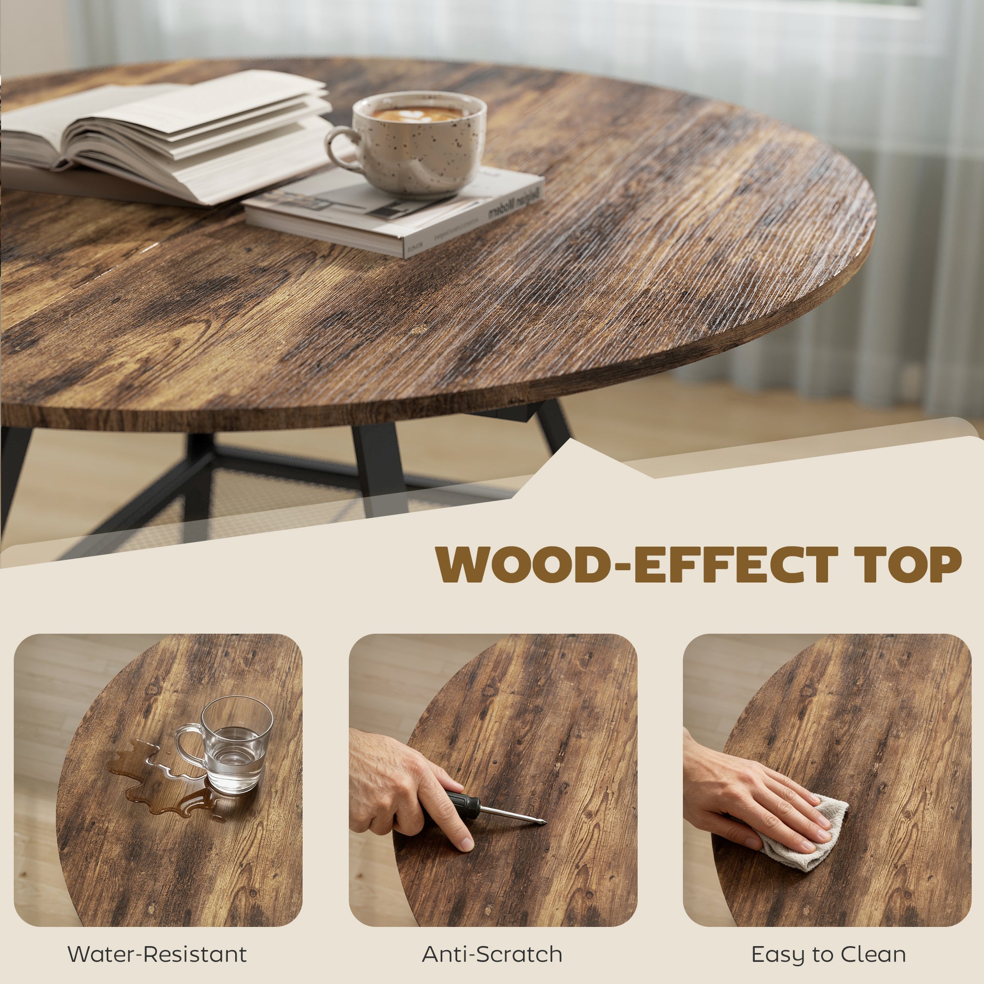 Wooden Industrial Style Kitchen Dining Table 100cm Round for 4 People - Velmora
