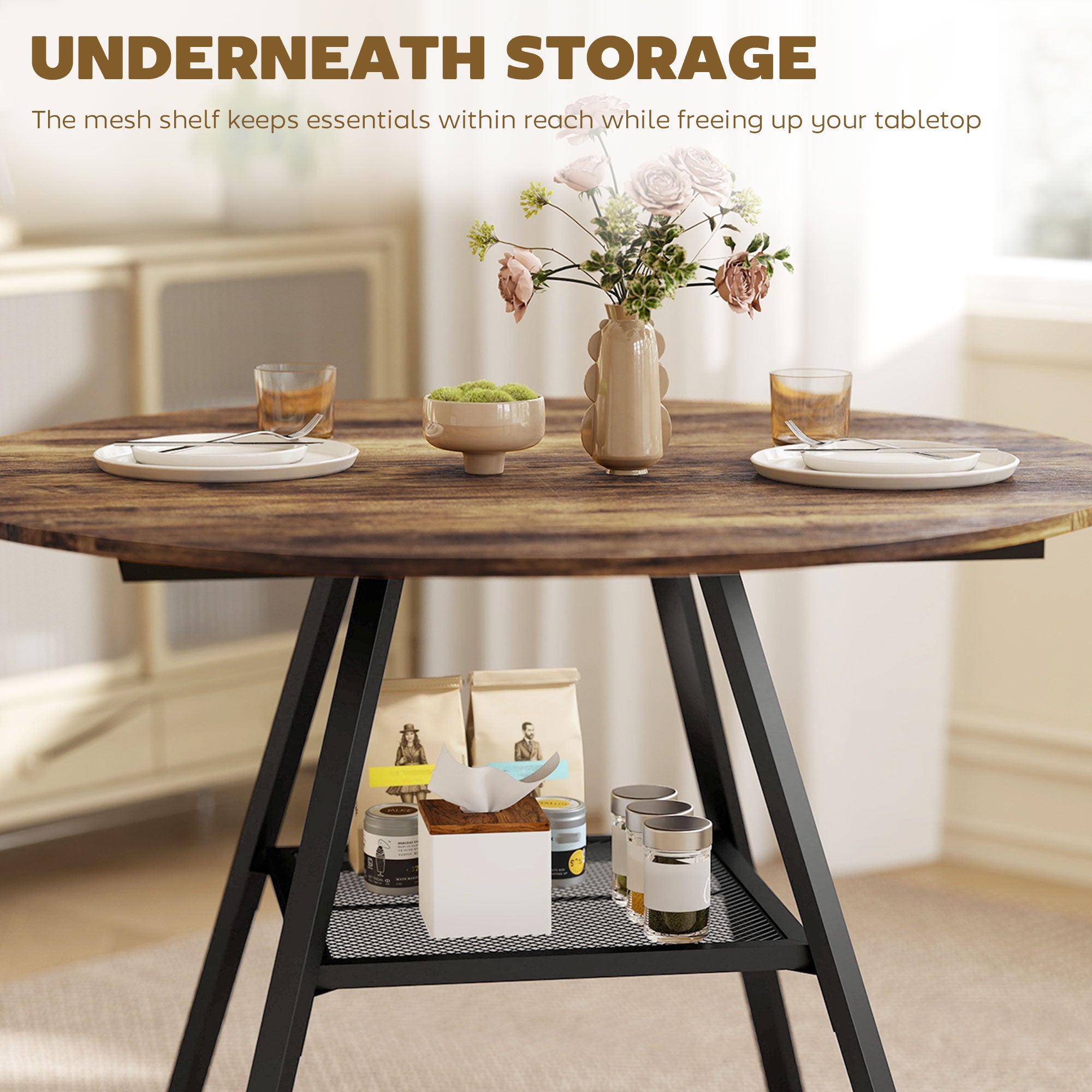 Wooden Industrial Style Kitchen Dining Table 100cm Round for 4 People - Velmora