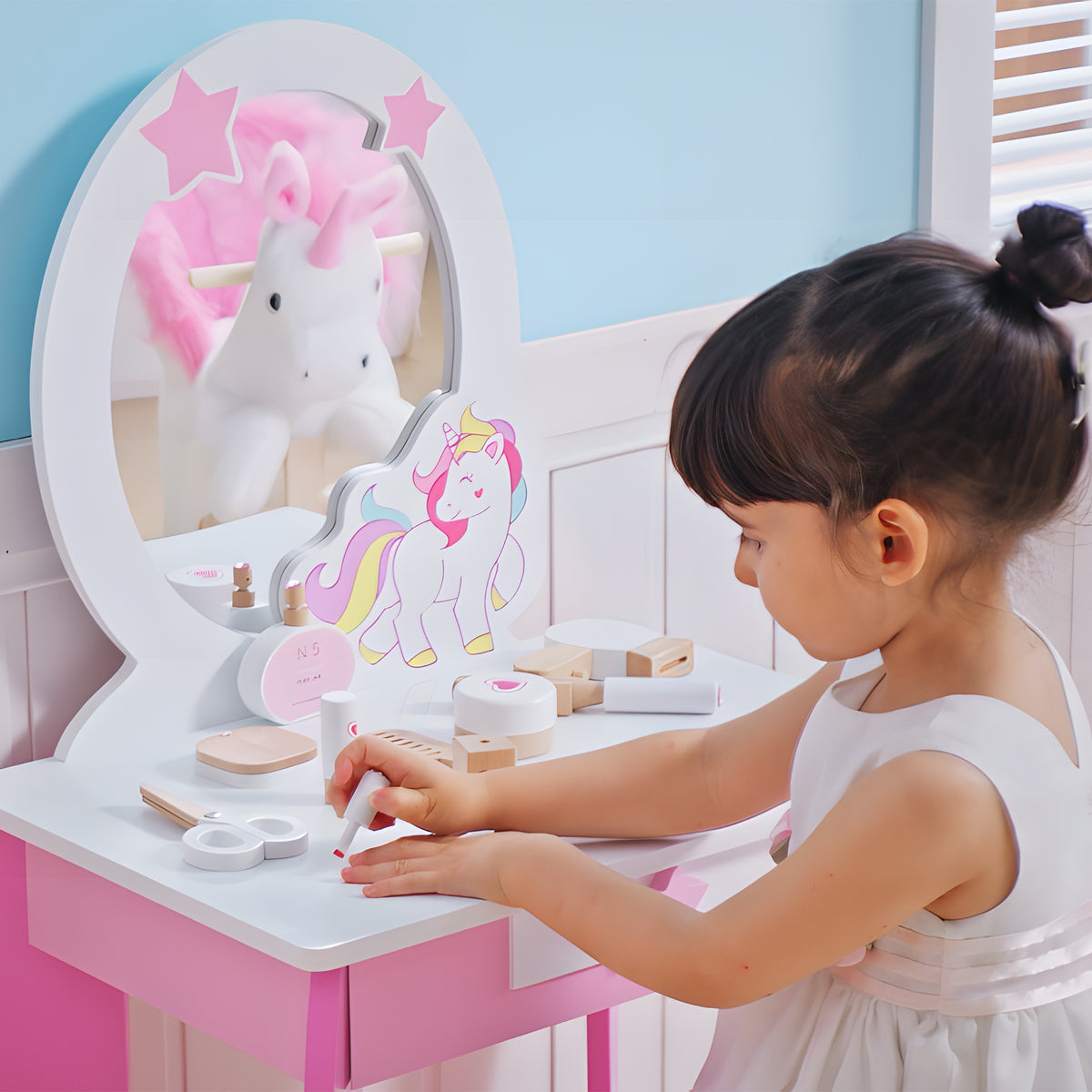 Wooden Kids Dressing Table Set 49cm Wide - Velmora