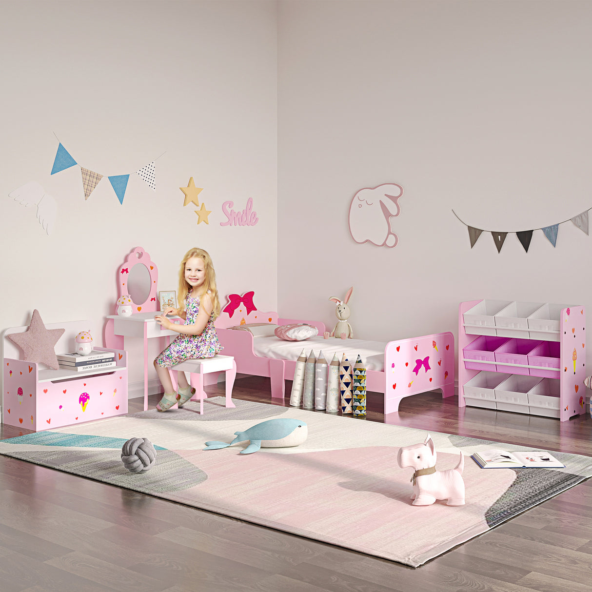 Wooden Kids Dressing Table Set 50cm Wide - Velmora