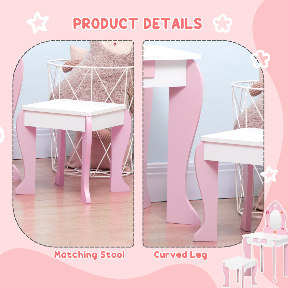 Wooden Kids Dressing Table Set 50cm Wide - Velmora