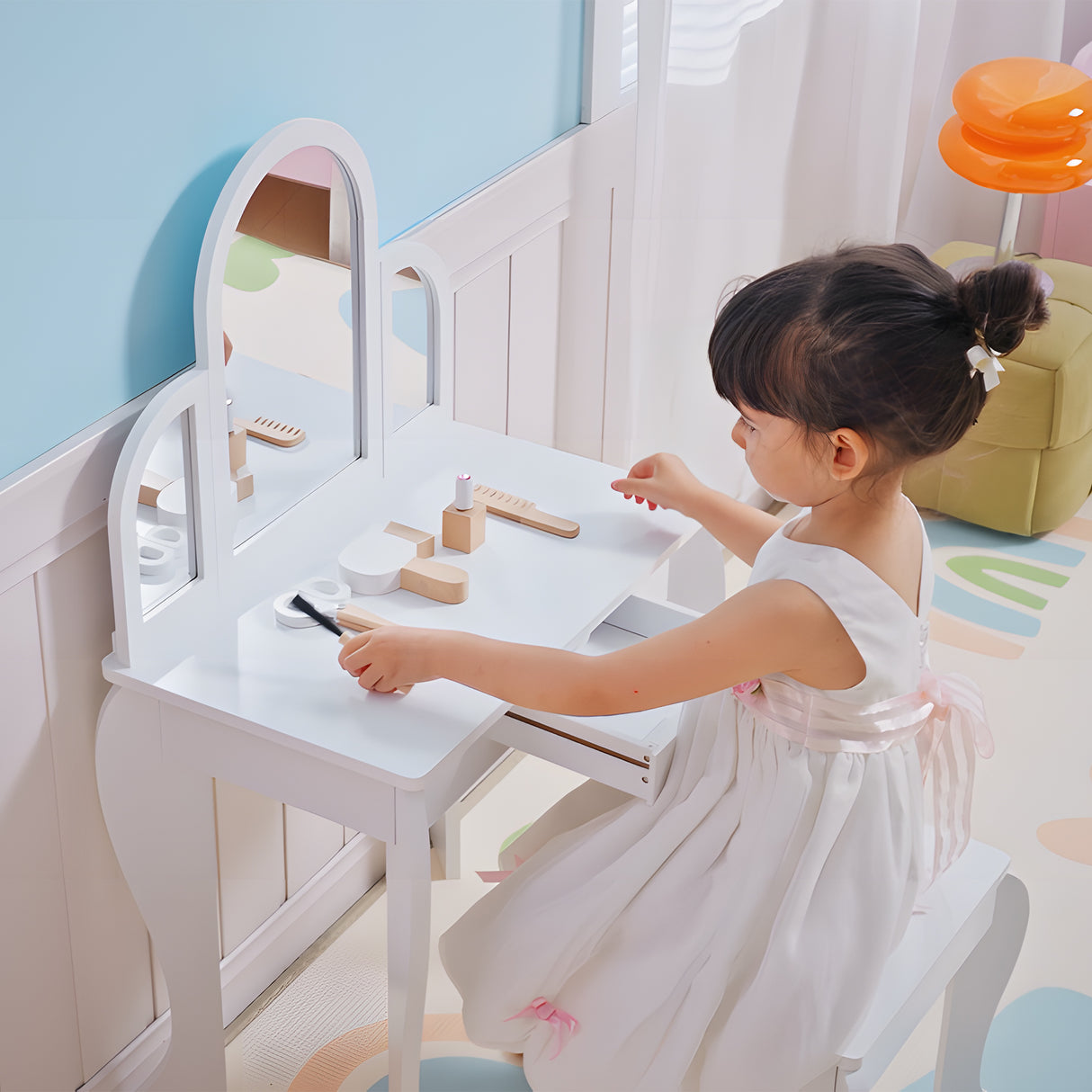 Wooden Kids Dressing Table Set 52cm Wide - Velmora