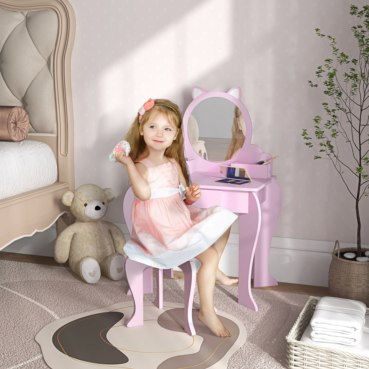 Wooden Kids Dressing Table Set 55cm Wide Cat Design - Velmora