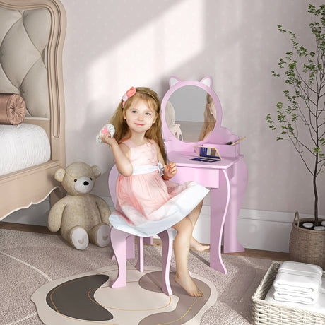 Wooden Kids Dressing Table Set 55cm Wide Cat Design - Velmora