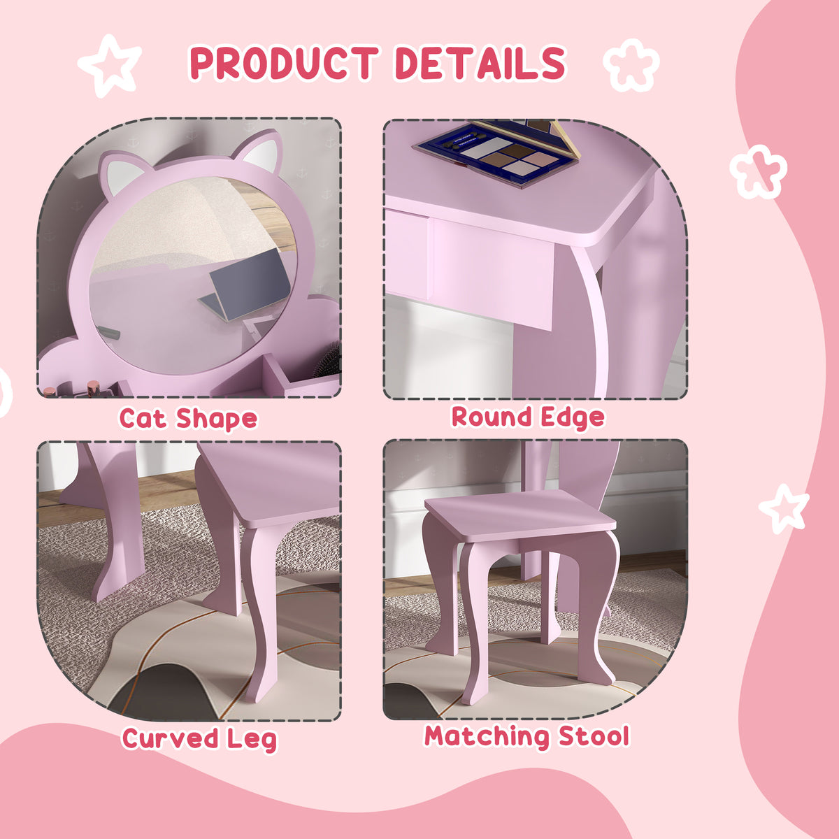 Wooden Kids Dressing Table Set 55cm Wide Cat Design - Velmora