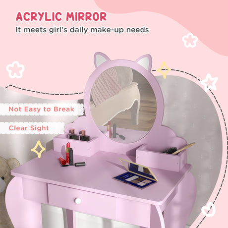 Wooden Kids Dressing Table Set 55cm Wide Cat Design - Velmora