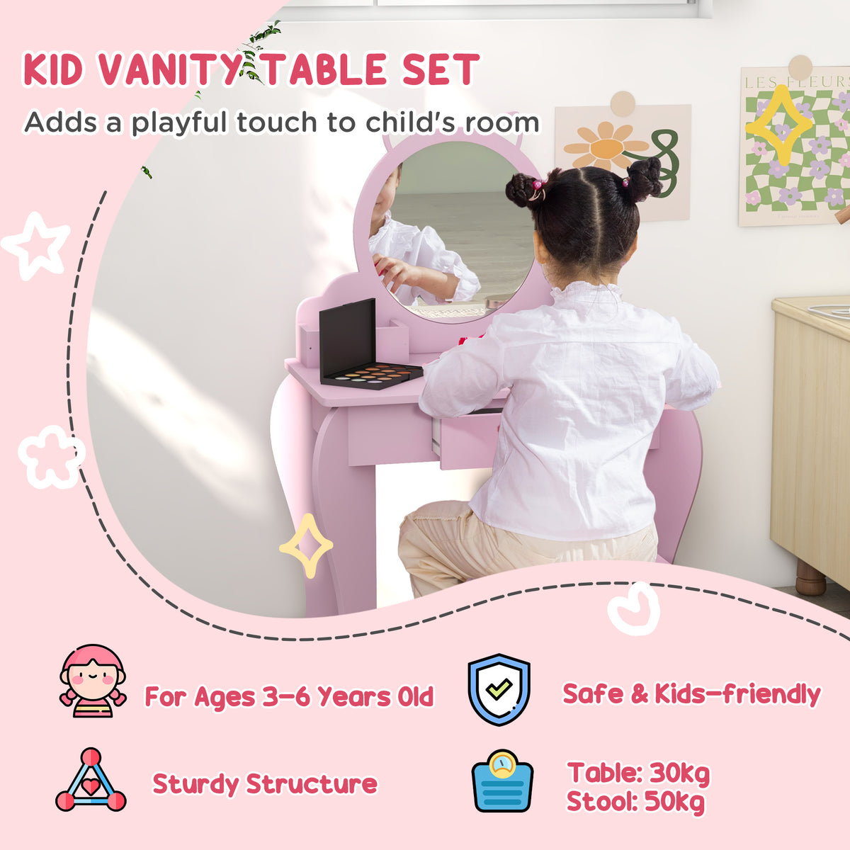 Wooden Kids Dressing Table Set 55cm Wide Cat Design - Velmora