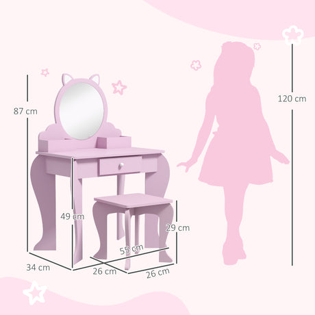 Wooden Kids Dressing Table Set 55cm Wide Cat Design - Velmora