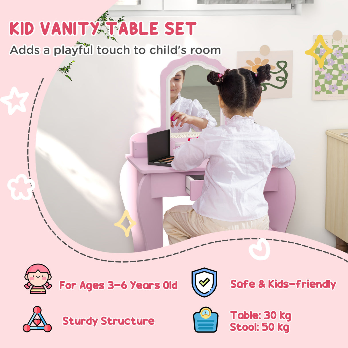 Wooden Kids Dressing Table Set 55cm Wide Cloud Design - Velmora
