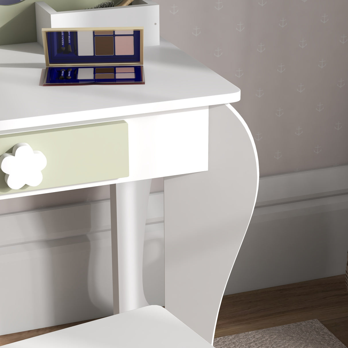 Wooden Kids Dressing Table Set 55cm Wide Flower Design - Velmora