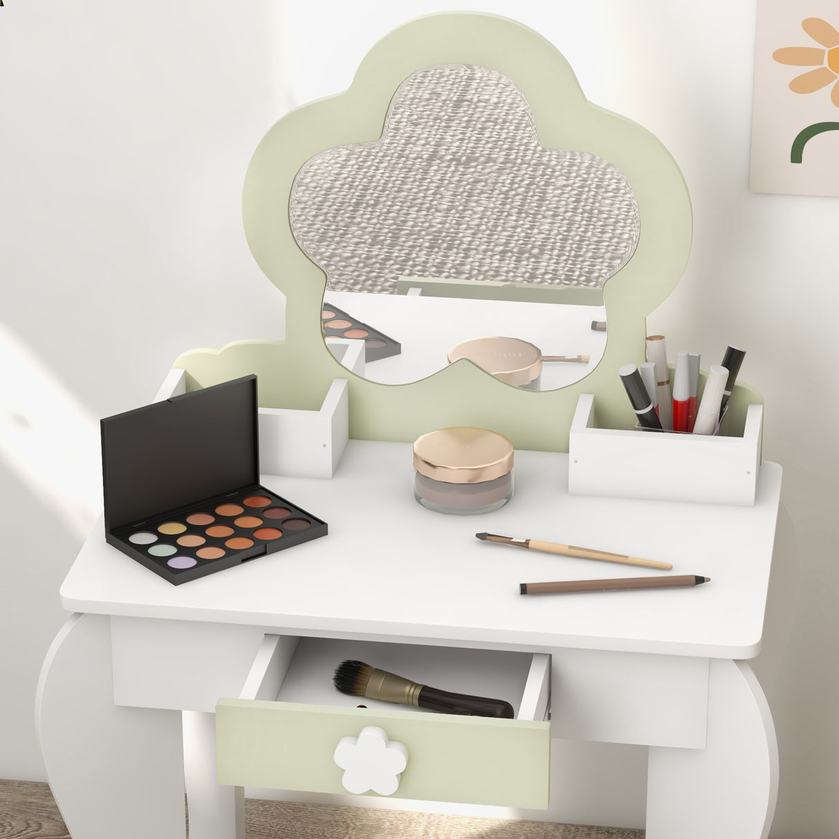 Wooden Kids Dressing Table Set 55cm Wide Flower Design - Velmora