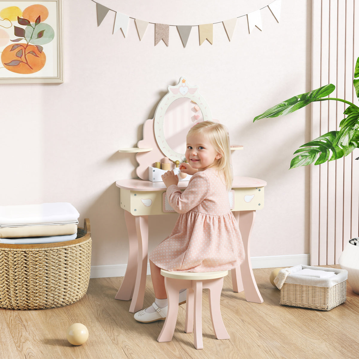 Wooden Kids Dressing Table Set 59.5cm Wide - Velmora