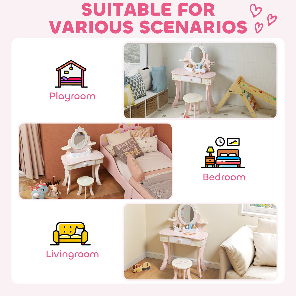 Wooden Kids Dressing Table Set 59.5cm Wide - Velmora