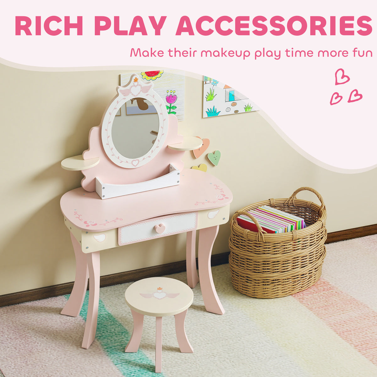 Wooden Kids Dressing Table Set 59.5cm Wide - Velmora