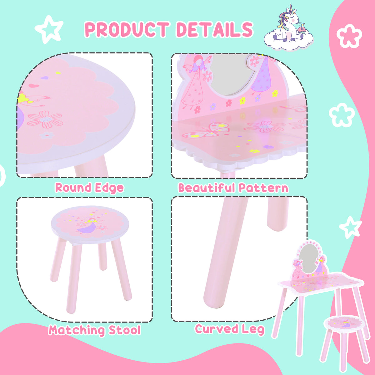 Wooden Kids Dressing Table Set 59cm Wide - Velmora