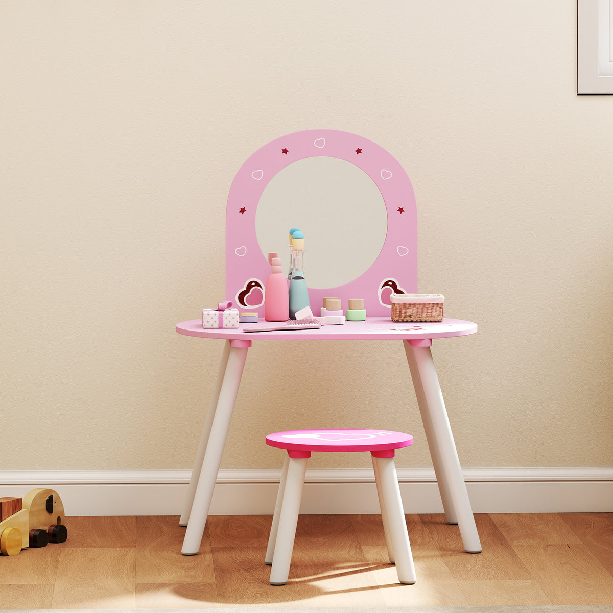 Wooden Kids Dressing Table Set 60cm Wide Heart Design - Velmora