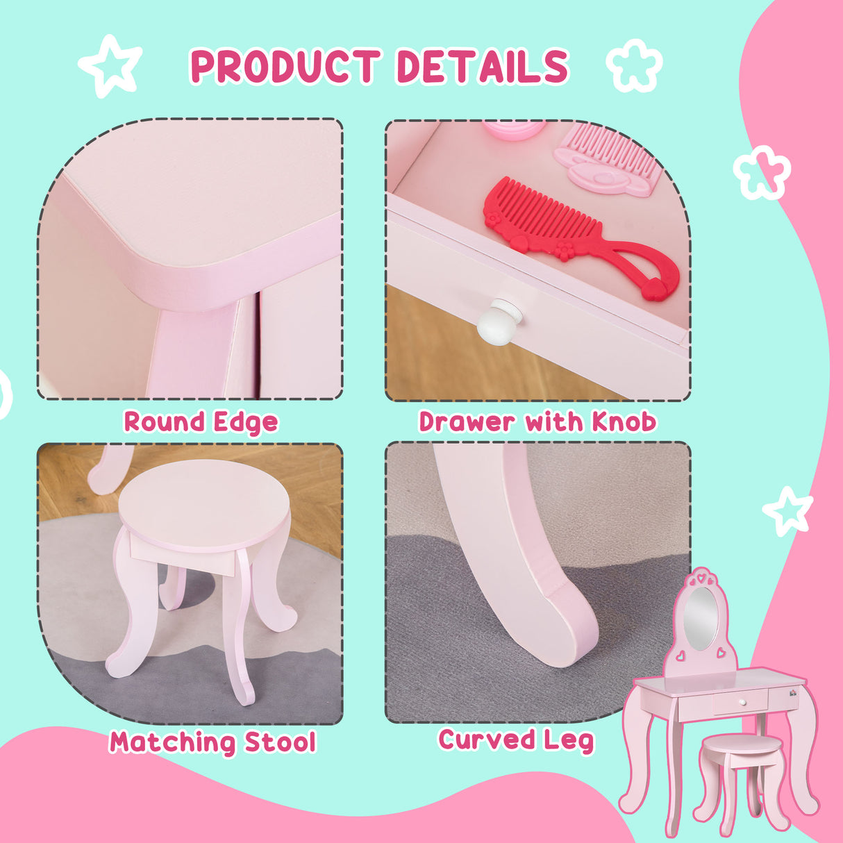 Wooden Kids Dressing Table Set 60cm Wide - Velmora