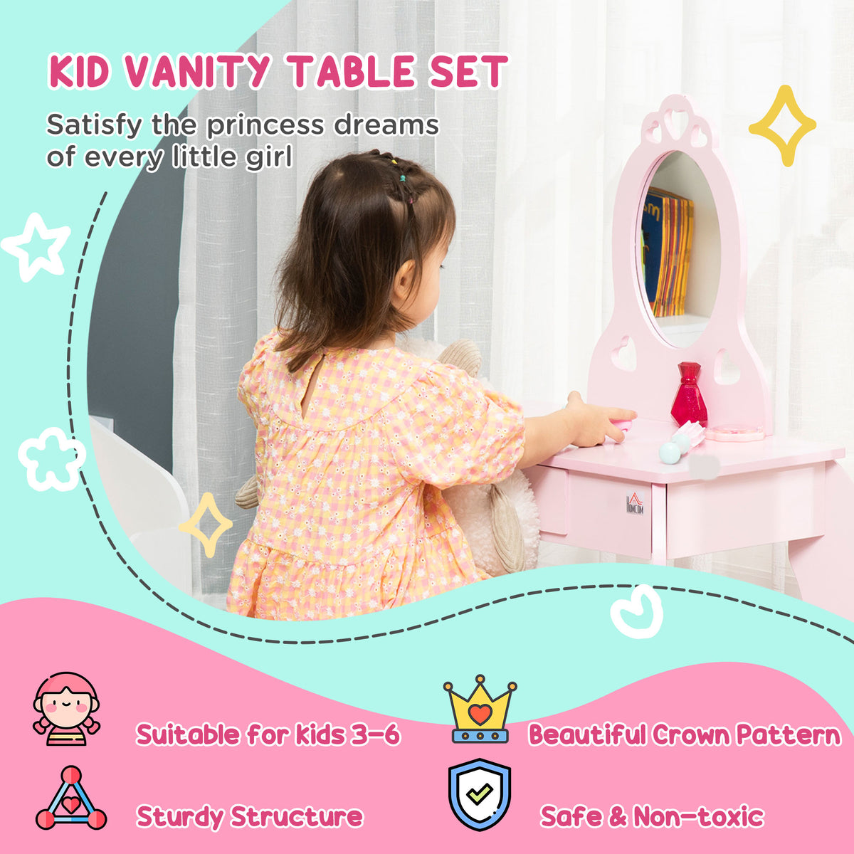 Wooden Kids Dressing Table Set 60cm Wide - Velmora