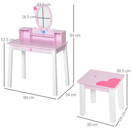 Wooden Kids Dressing Table Set 60cm Wide With 1 Drawer - Velmora