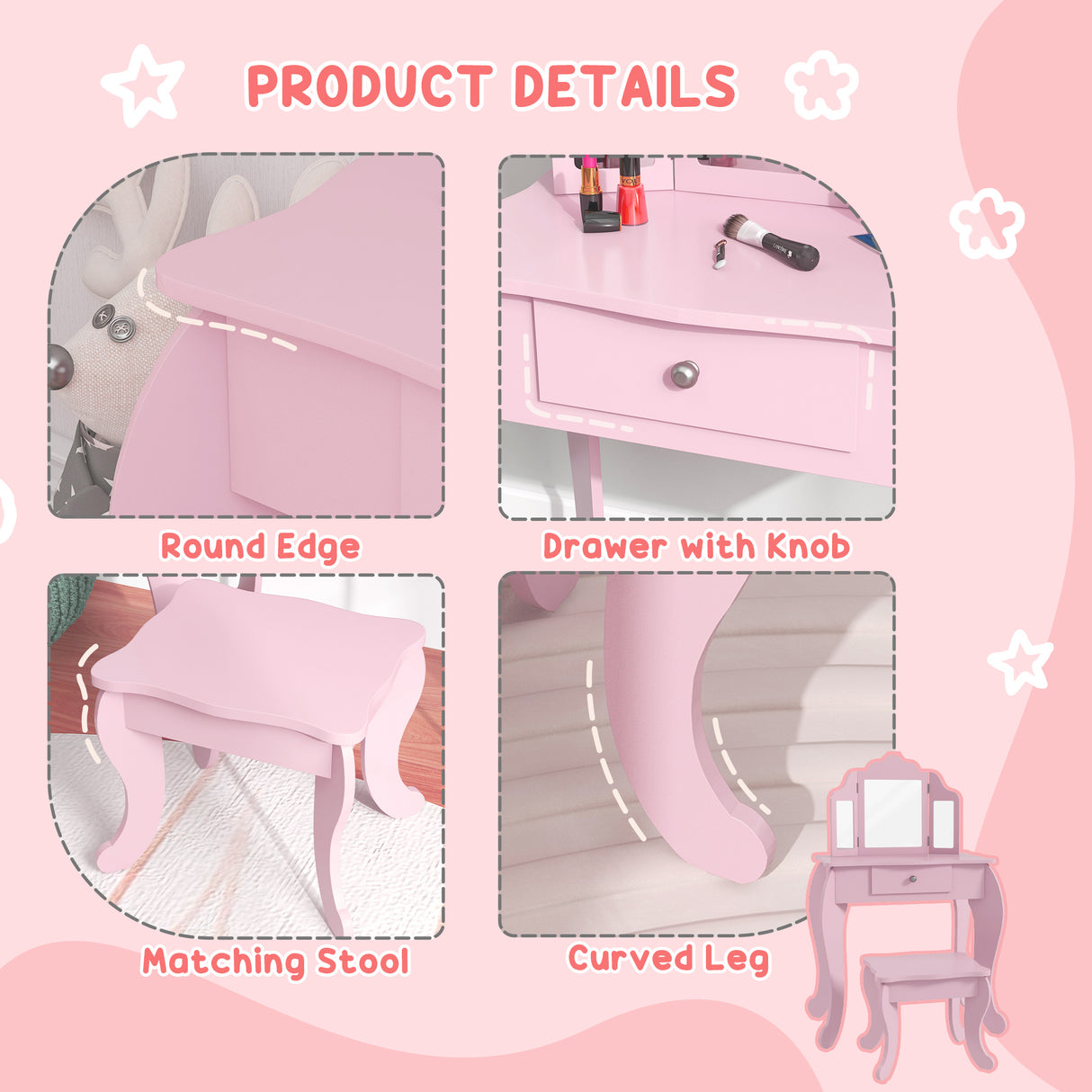 Wooden Kids Dressing Table Set 63cm Wide - Velmora
