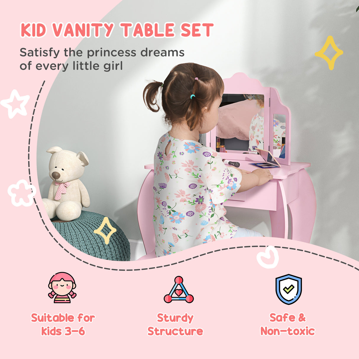 Wooden Kids Dressing Table Set 63cm Wide - Velmora