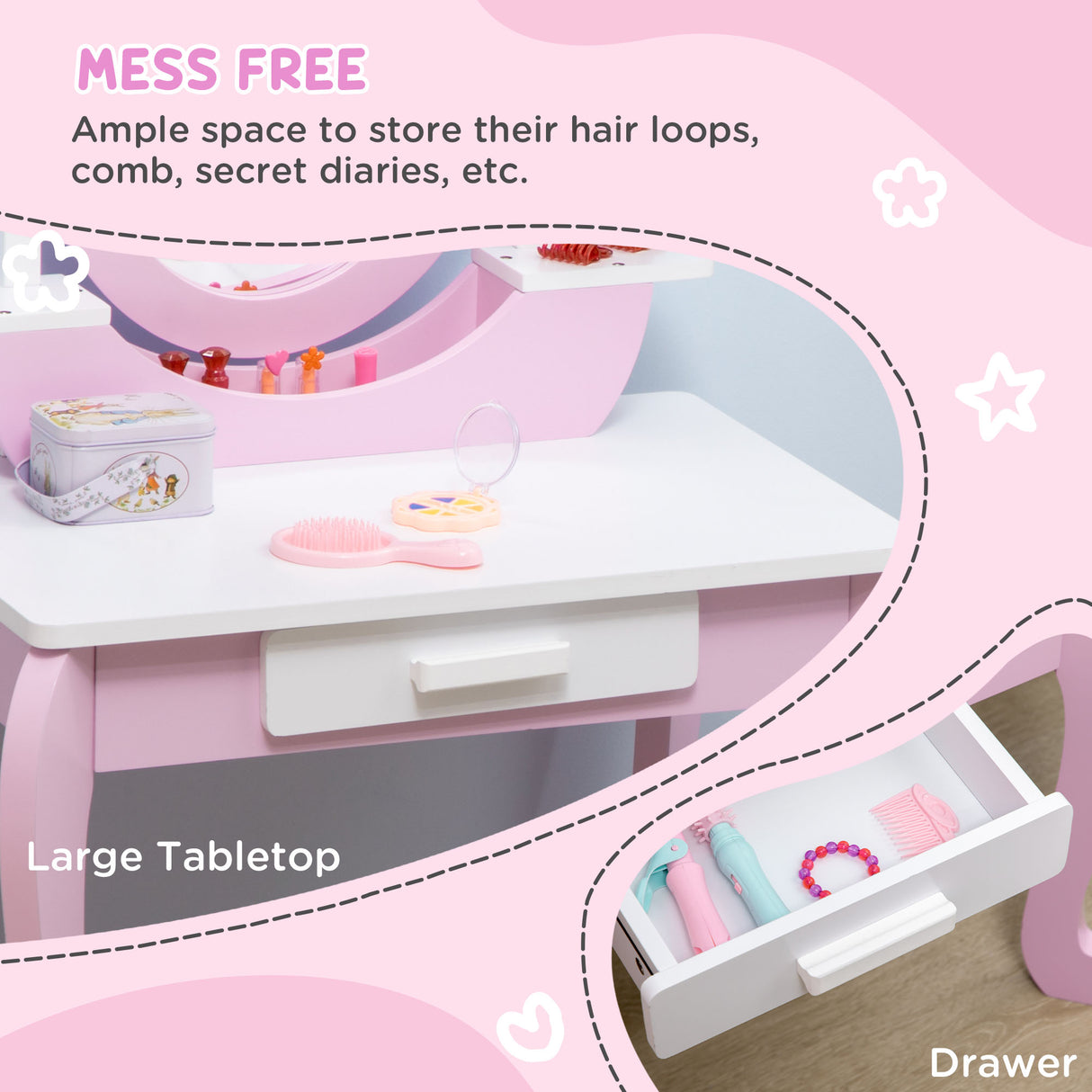 Wooden Kids Dressing Table Set 65.5cm Wide - Velmora