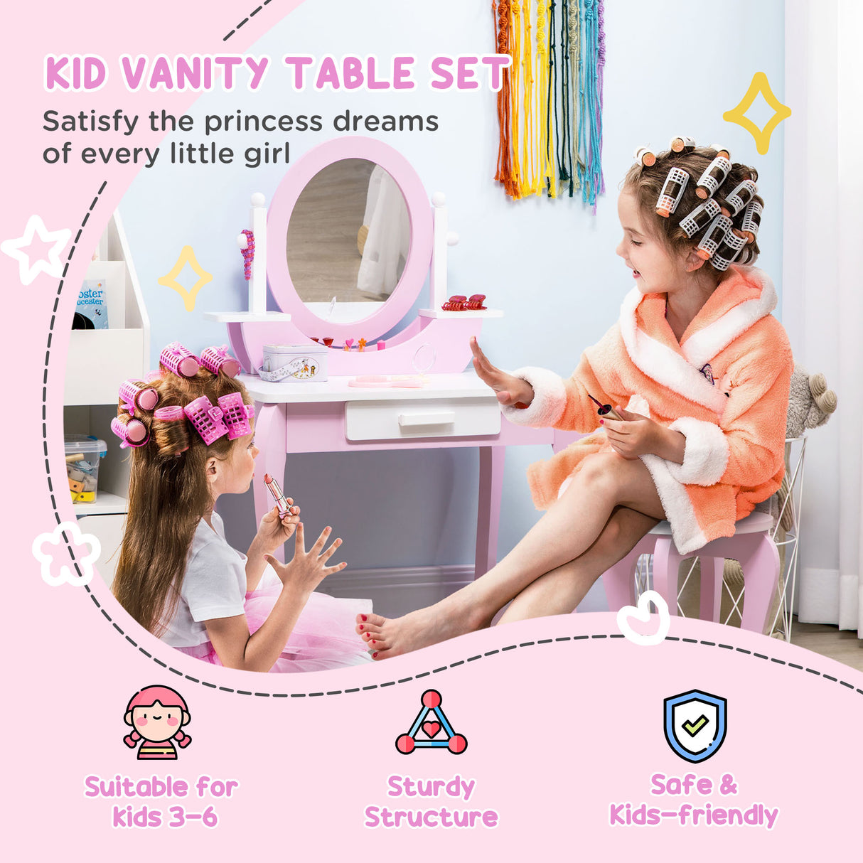 Wooden Kids Dressing Table Set 65.5cm Wide - Velmora