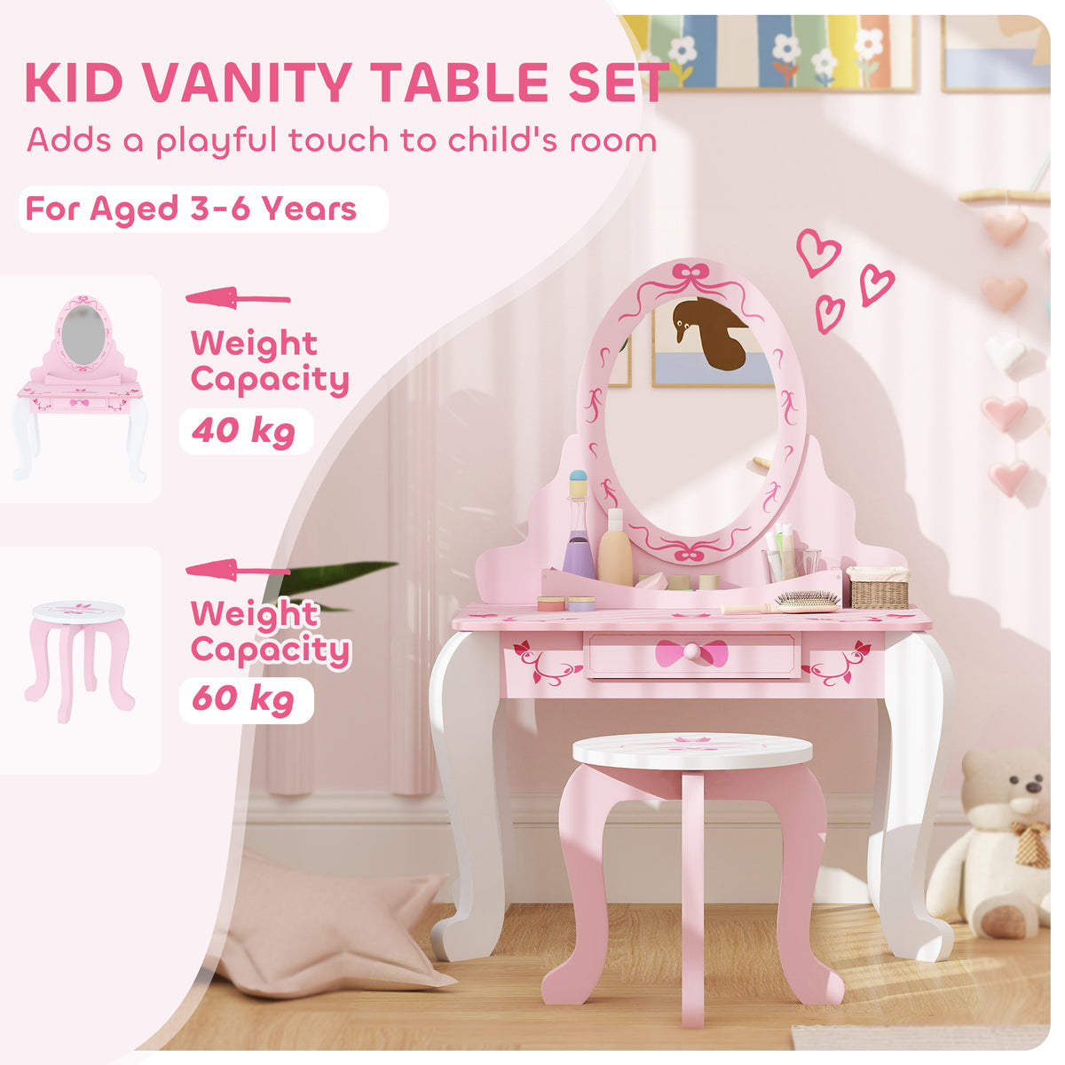 Wooden Kids Dressing Table Set 65cm Wide Ballet Theme - Velmora
