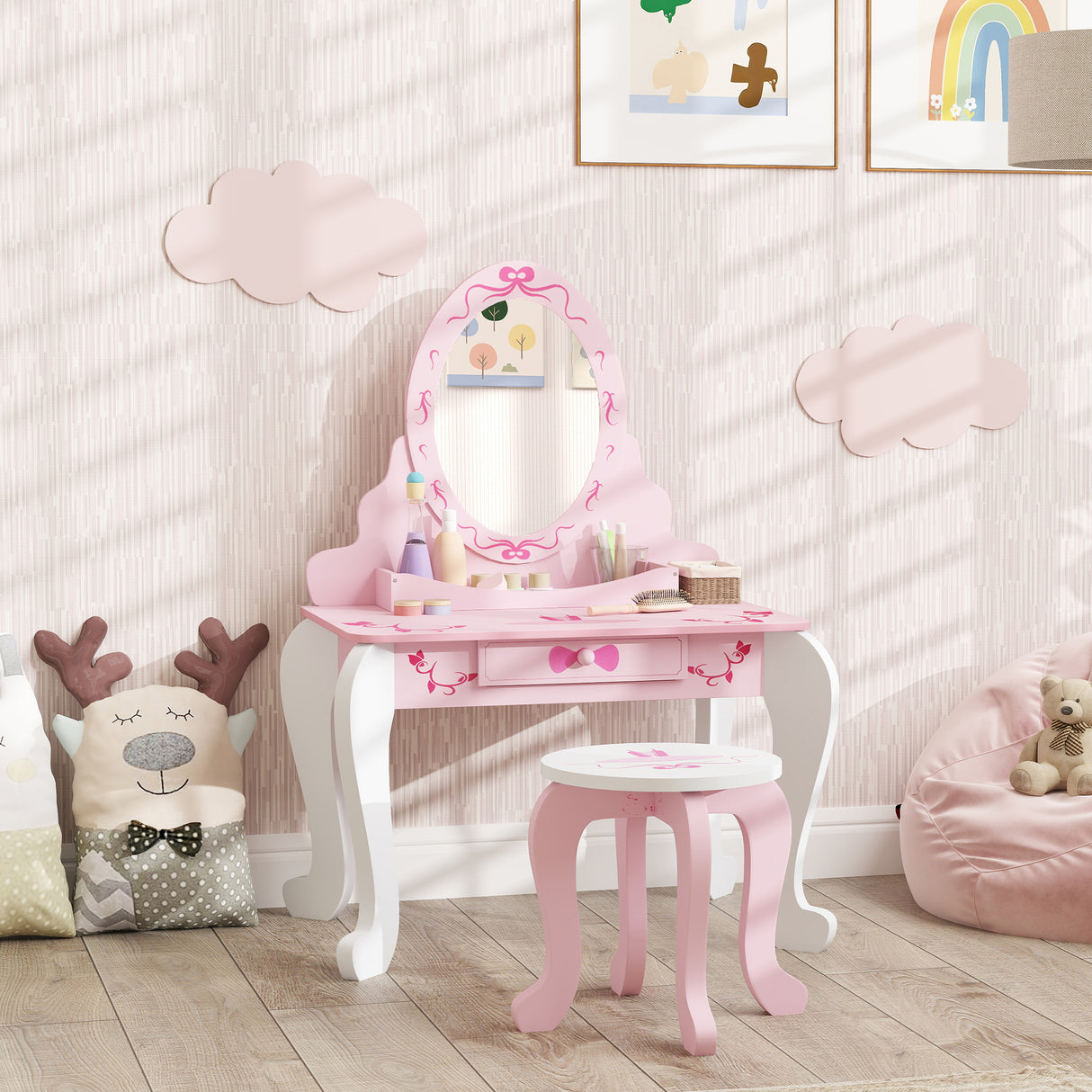 Wooden Kids Dressing Table Set 65cm Wide Ballet Theme - Velmora