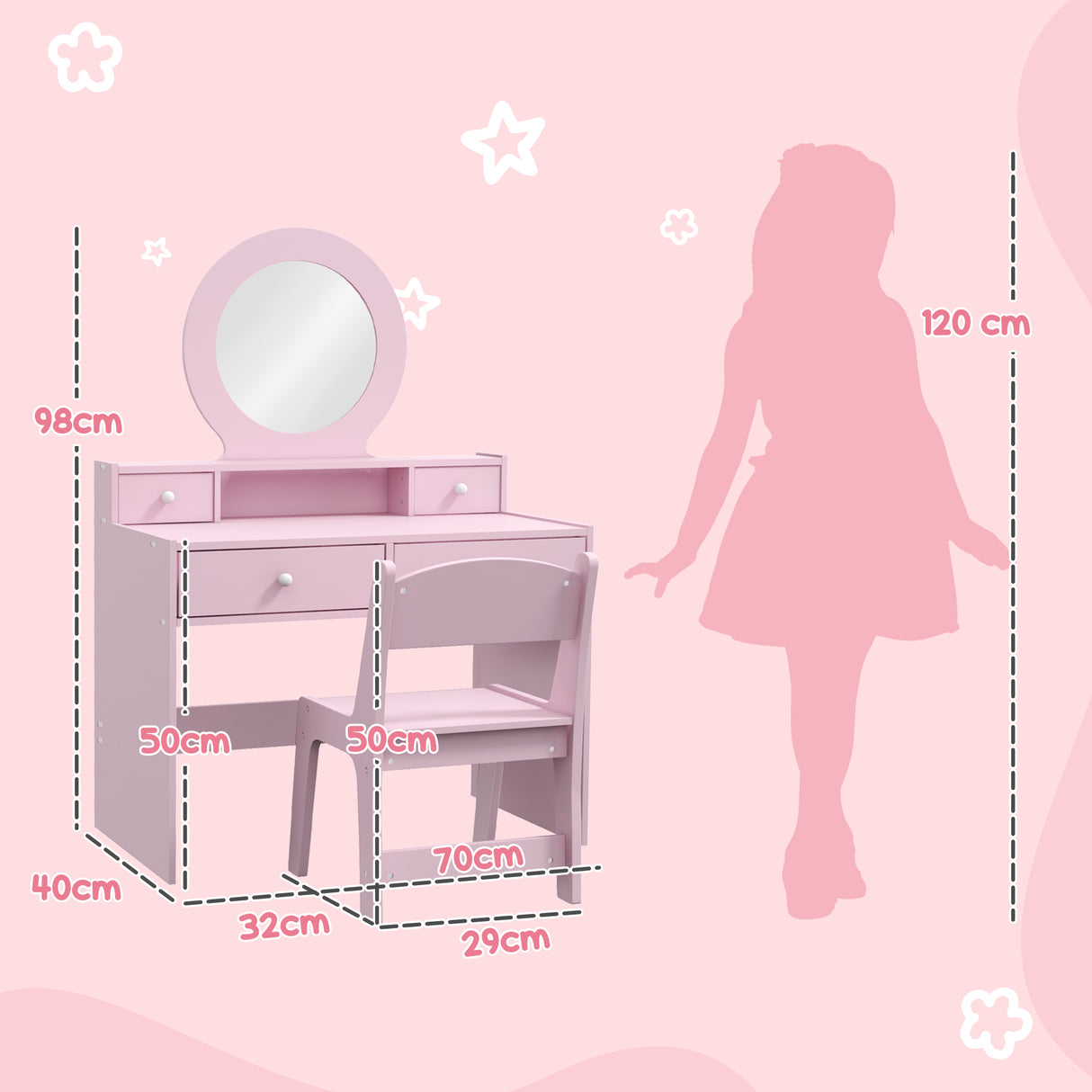 Wooden Kids Dressing Table Set 70cm Wide - Velmora