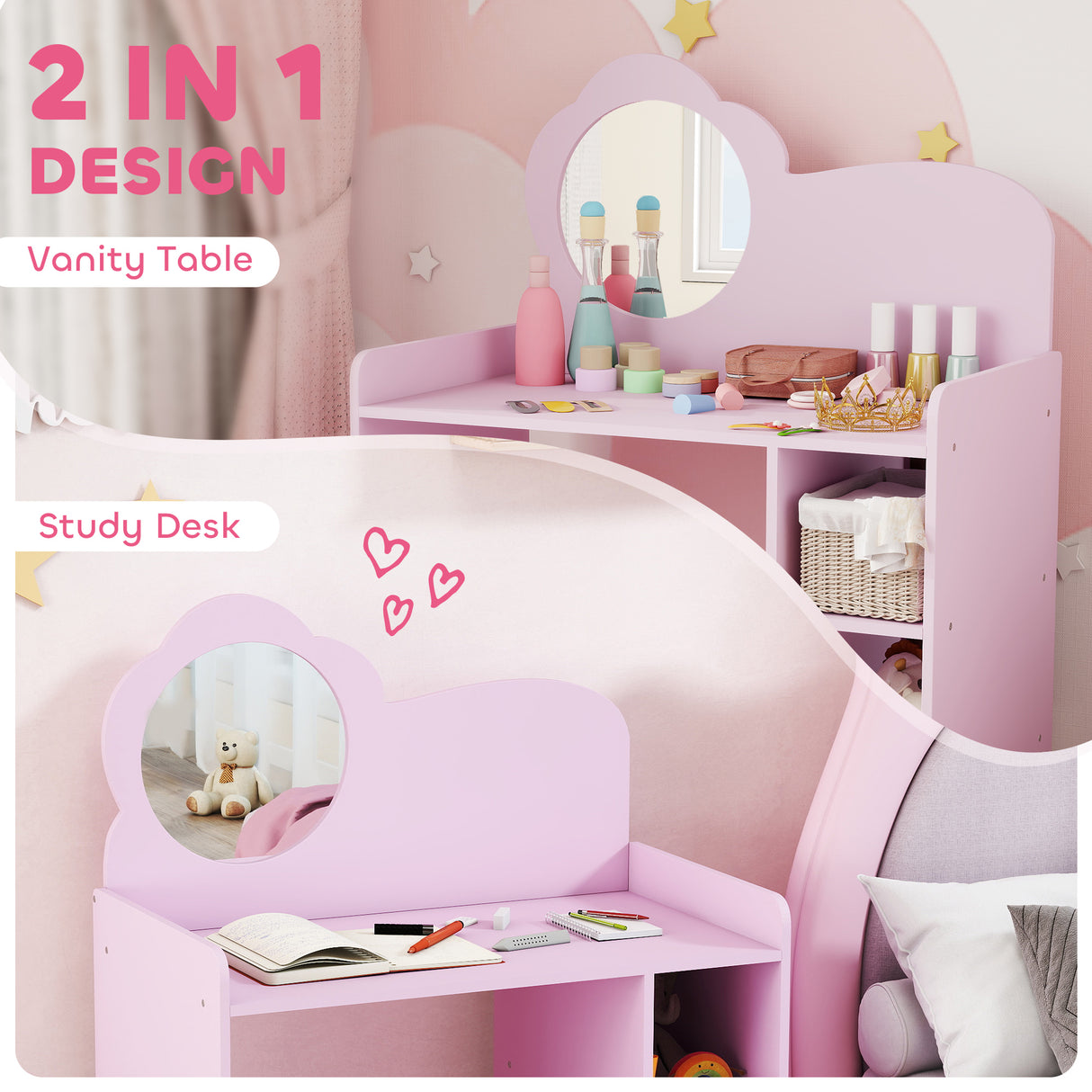 Wooden Kids Dressing Table Set 70cm Wide With Shelves - Velmora