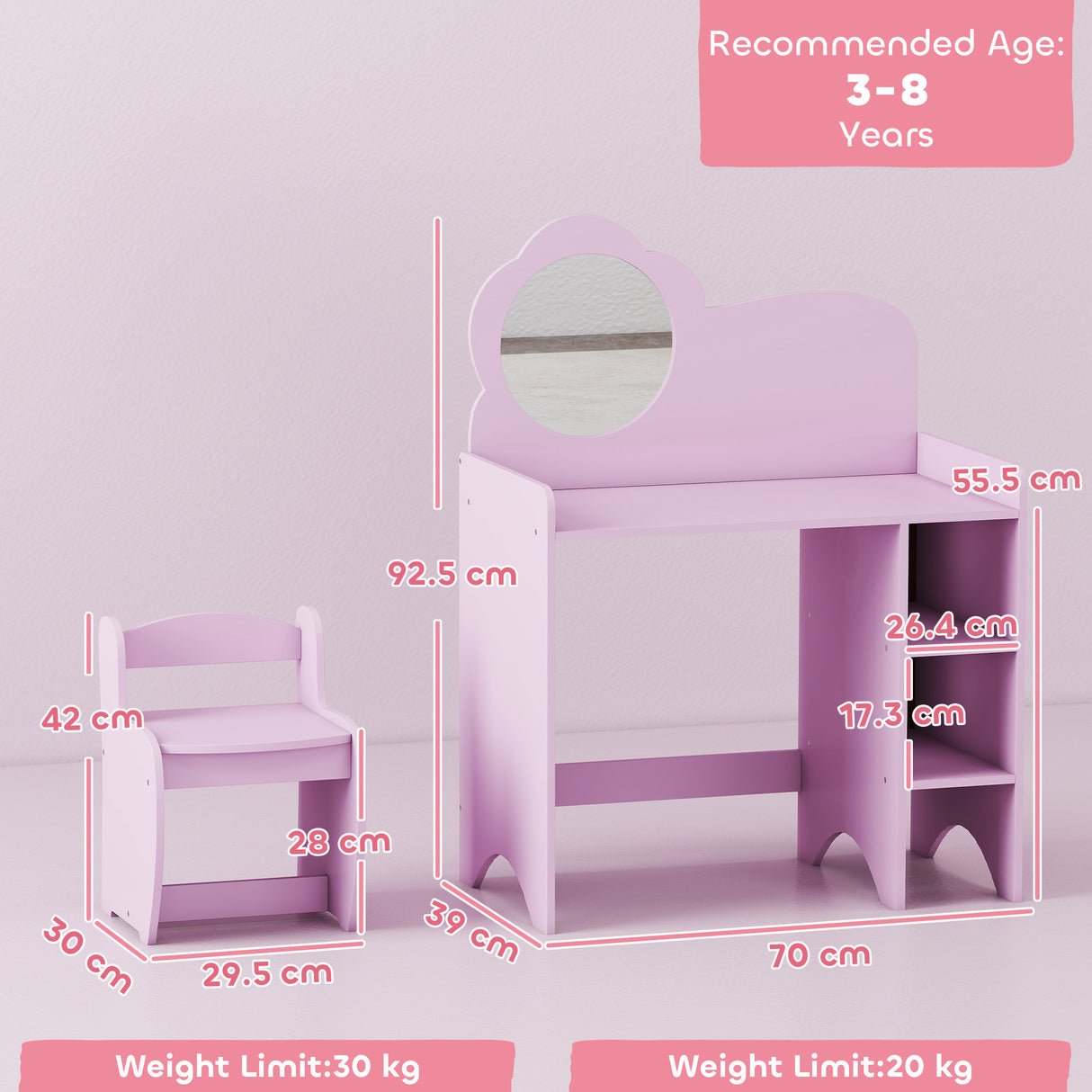 Wooden Kids Dressing Table Set 70cm Wide With Shelves - Velmora