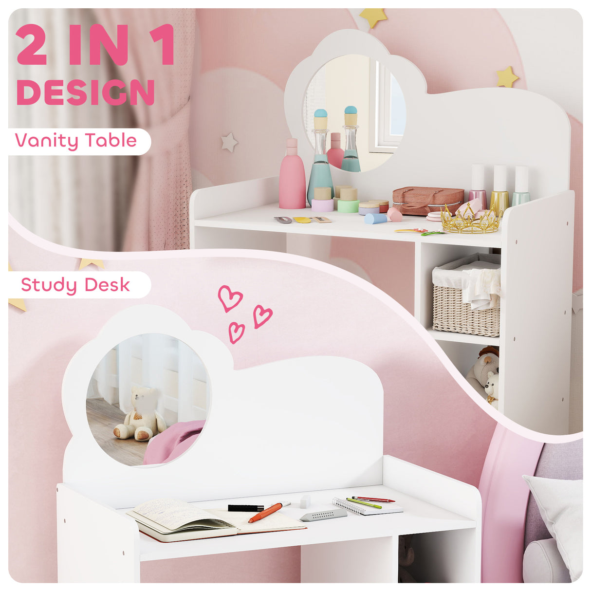 Wooden Kids Dressing Table Set 70cm Wide With Shelves - Velmora