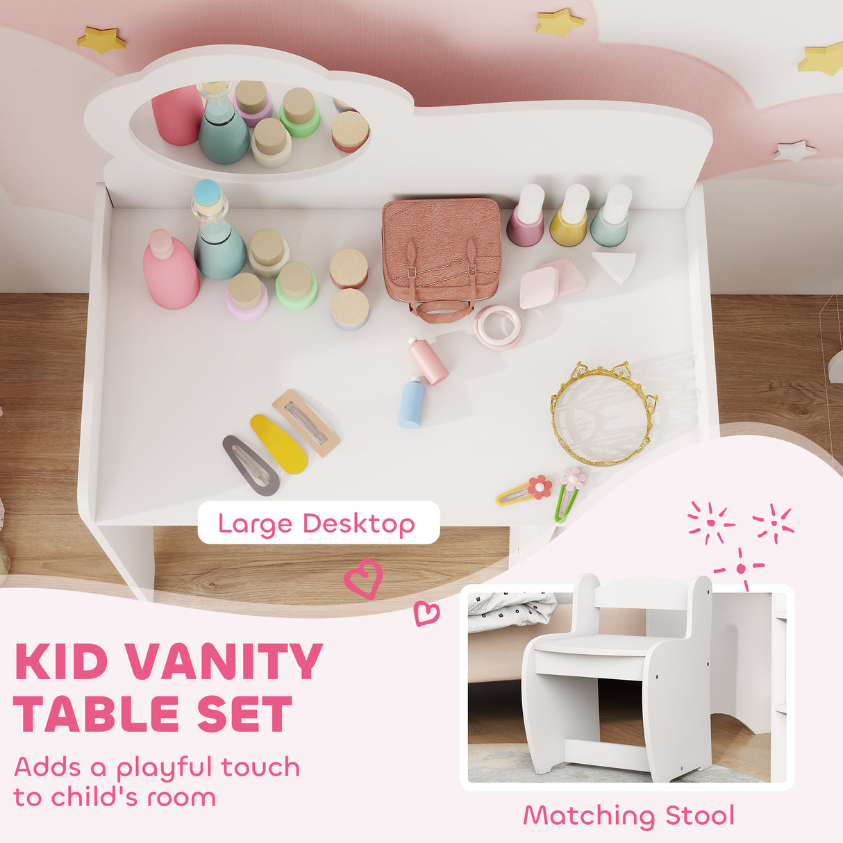 Wooden Kids Dressing Table Set 70cm Wide With Shelves - Velmora