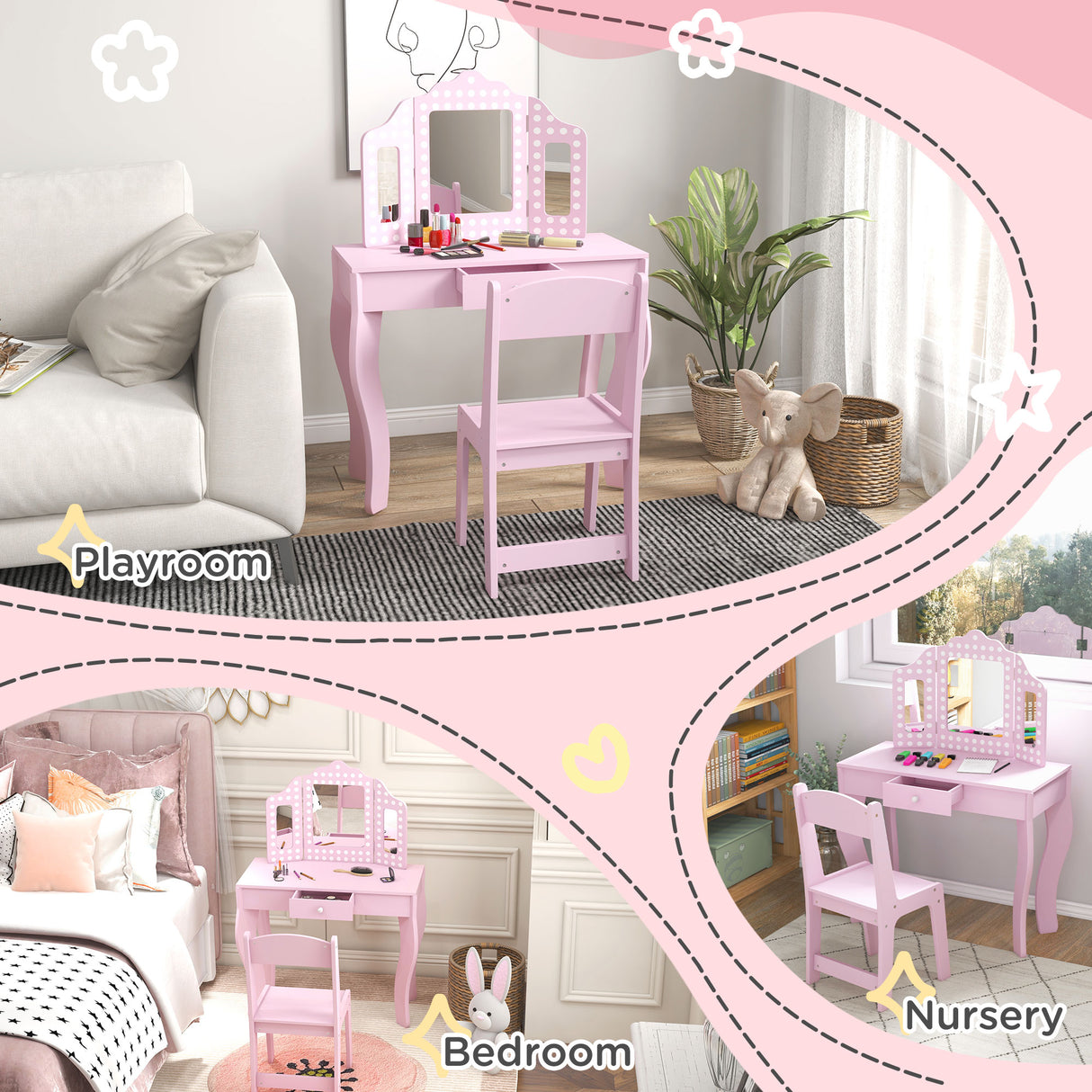 Wooden Kids Dressing Table Set 71cm Wide - Velmora