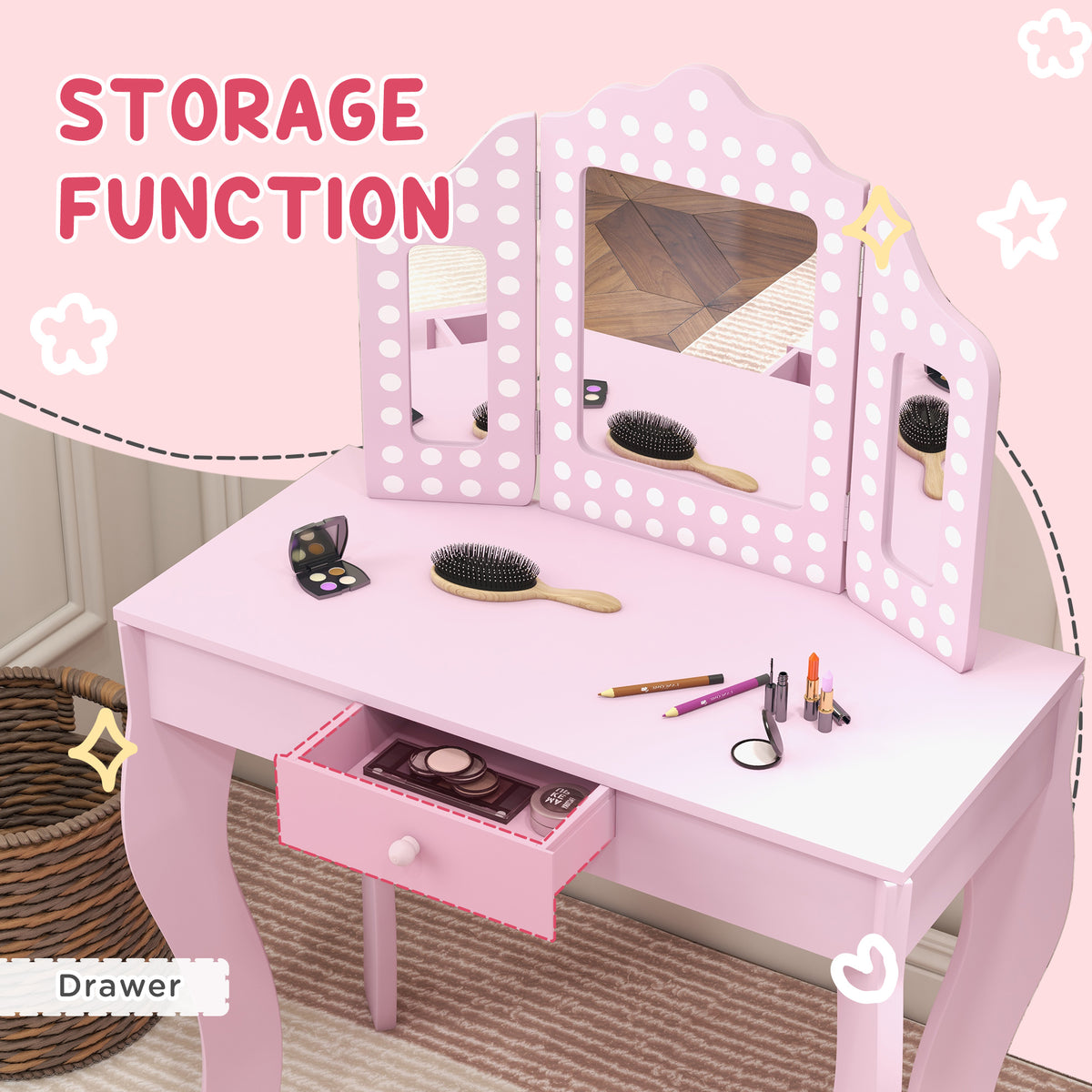 Wooden Kids Dressing Table Set 71cm Wide - Velmora