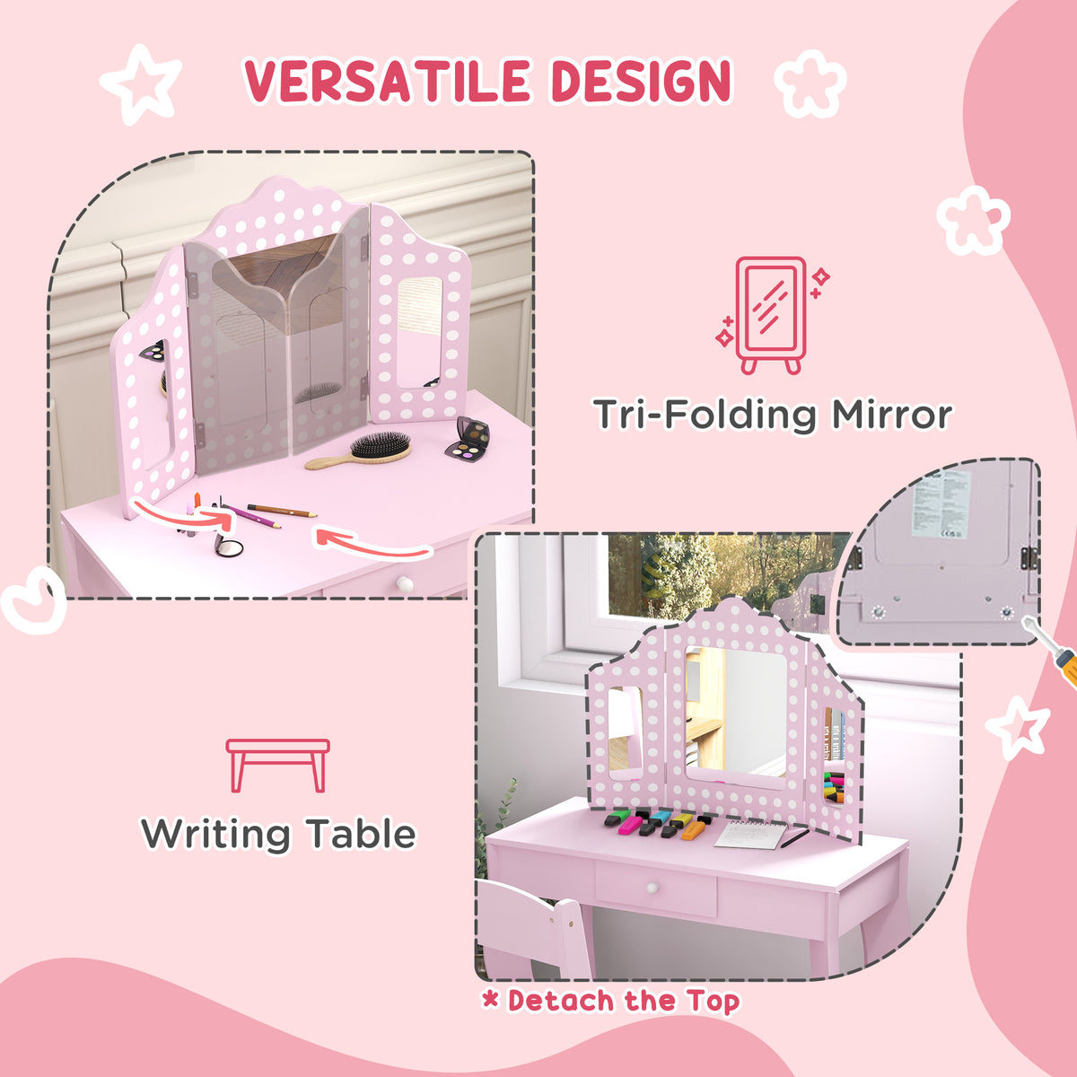 Wooden Kids Dressing Table Set 71cm Wide - Velmora