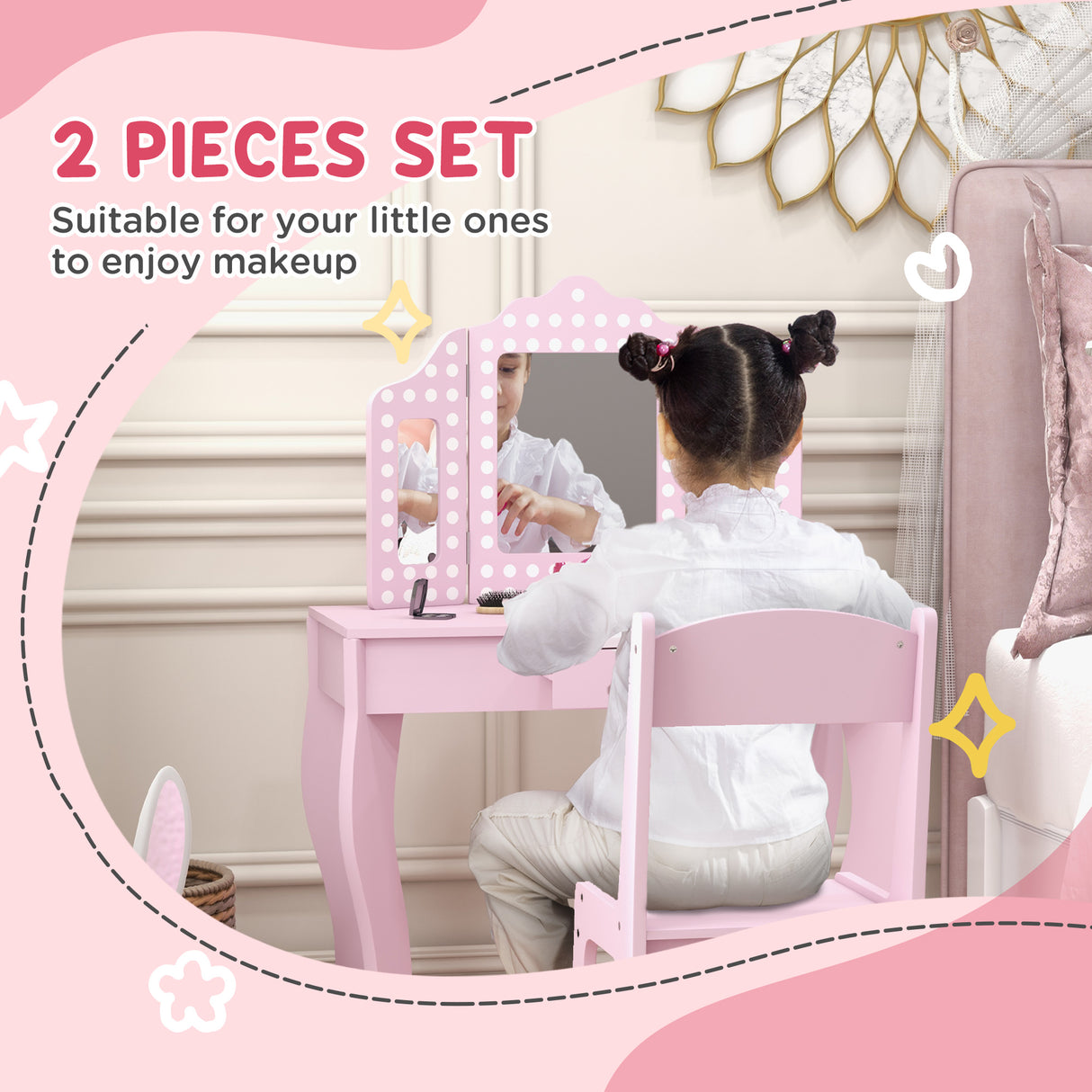 Wooden Kids Dressing Table Set 71cm Wide - Velmora